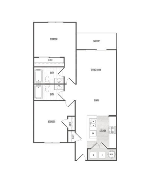 A floor plan of a house with labeled rooms such as Bedroom, Bath, Kitchen, Living Room, Dining, and Balcony.